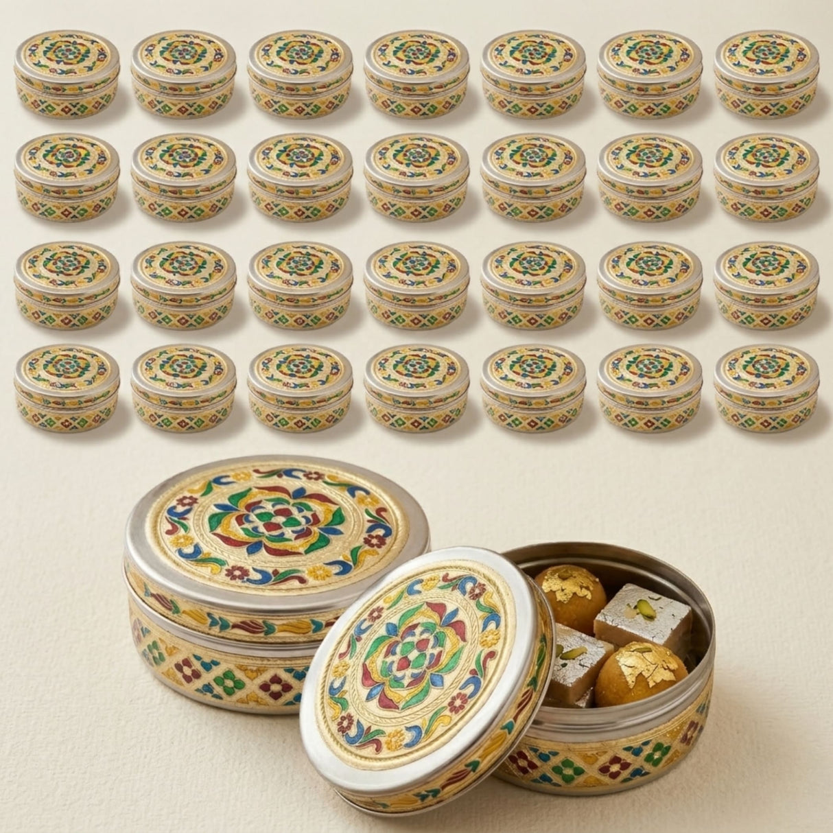 Ornate silver meenakari stainless steel round tin with gold enamel floral patterns holding golden flecked sweets