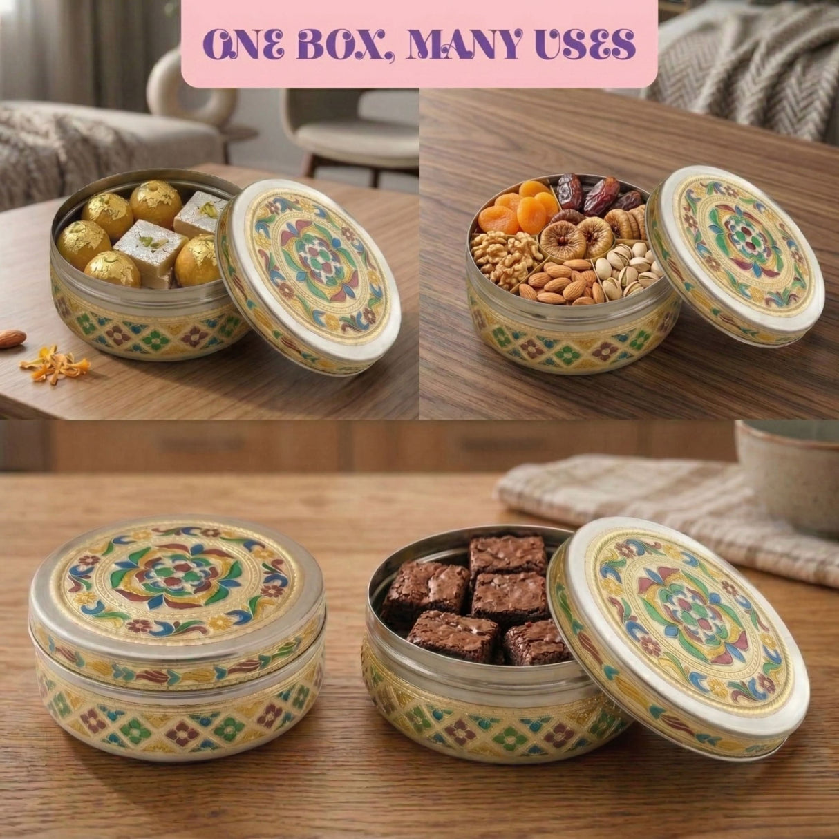 Ornate gold and silver meenakari stainless steel round box with floral patterns for storing sweets and snacks