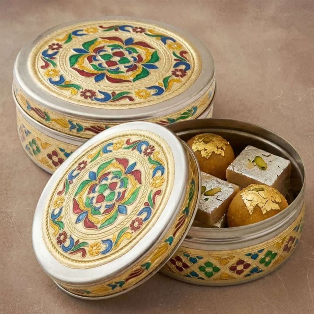 Ornate silver and gold meenakari stainless steel enamel candy box with colorful floral patterns for indian wedding favors