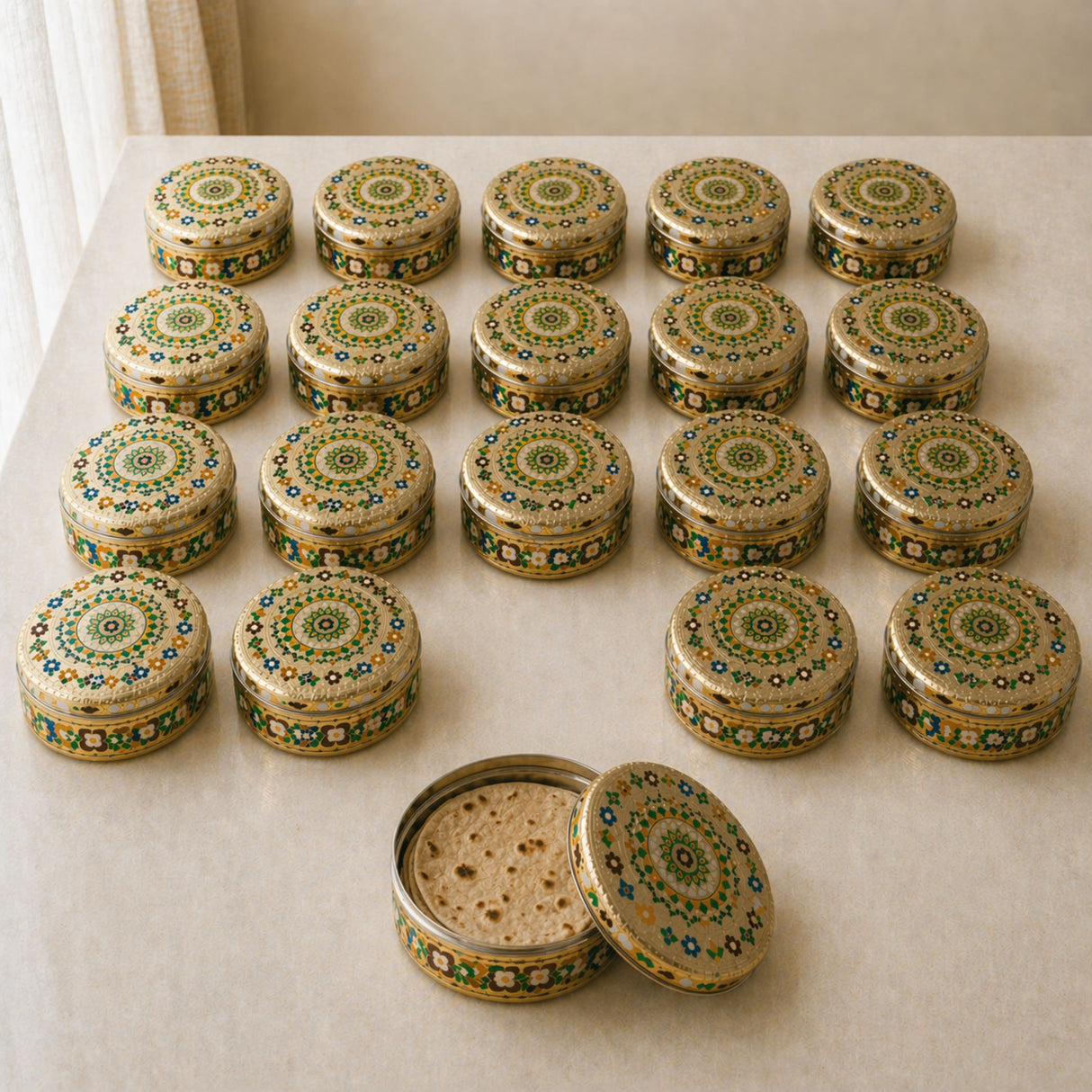 Ornate gold-toned stainless steel roti box with green and blue mandala design open to reveal sponge inside