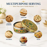 Ornate gold and green enamel stainless steel tortilla warmer with lid featuring handcrafted meenakari floral design for bread and snacks