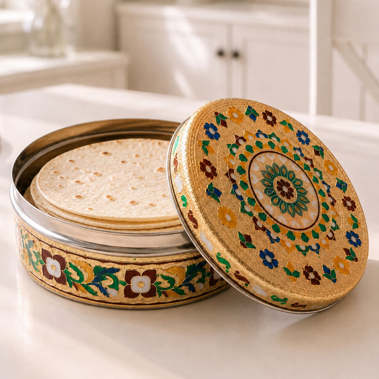 Golden ornate stainless steel tortilla warmer with intricate floral meenakari enamel holding stacked flatbreads