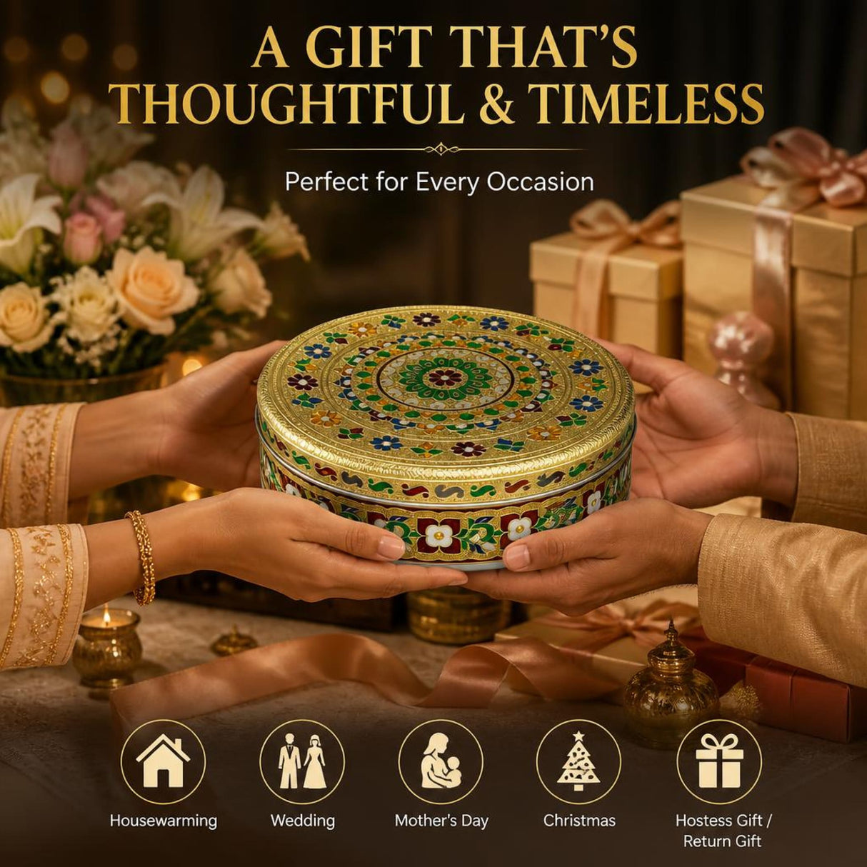 A round ornate stainless steel tortilla warmer with lid featuring intricate gold green blue and red meenakari design