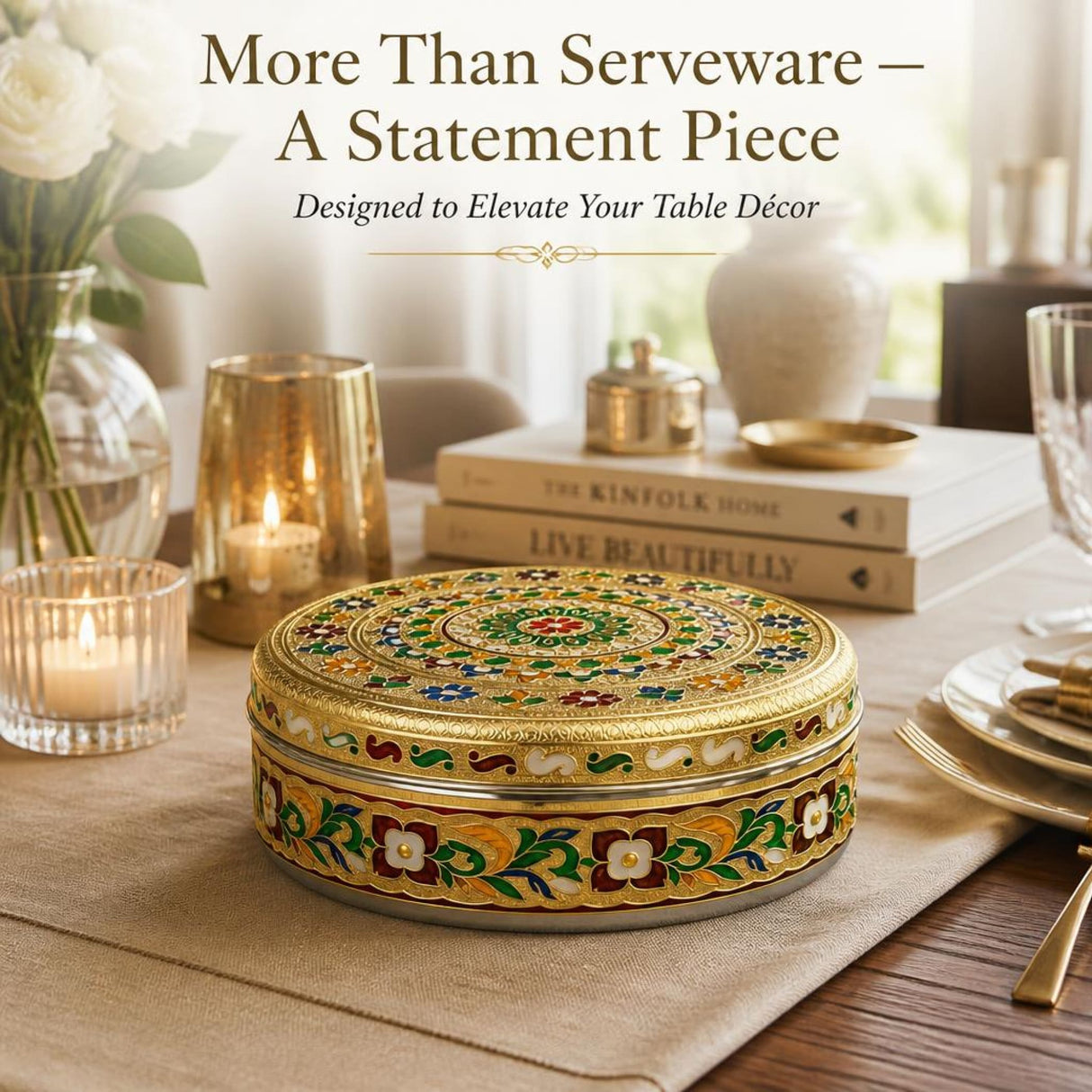A round ornate gold stainless steel tortilla warmer with lid featuring intricate multicolored meenakari design