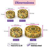 Meenakari gold-colored stainless steel storage box with lid featuring intricate floral and geometric patterns for sweets and gifts