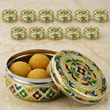 Meenakari stainless steel storage box with lid featuring ornate enamel floral patterns in gold green blue and red hues