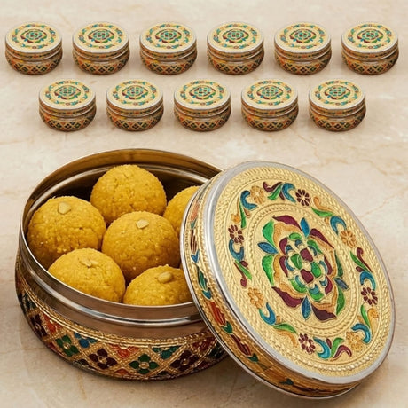 Meenakari stainless steel storage box with lid 400gm gold enamel decorated metal laddu container with floral pattern