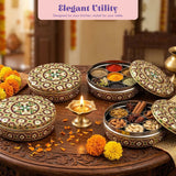 Ornate Meenakari steel Indian masala dabba with floral spice compartments