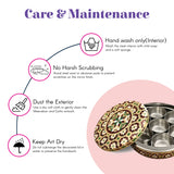 Ornate meenakari gotta lid with green white floral patterns on steel masala box