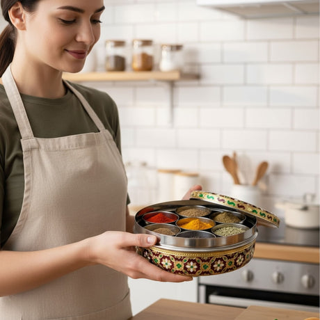 Decorative stainless steel Indian spice box with seven colorful spice compartments
