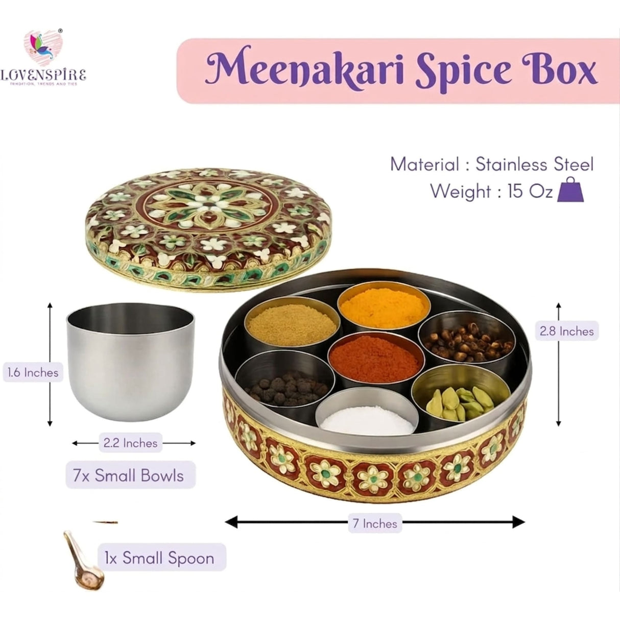 Stainless steel meenakari spice box organizer with intricate gold green and brown floral enamel and seven compartments
