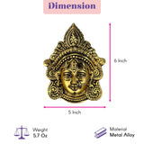 Golden metal durga face wall hanging with intricate headpiece and jewelry for home decor puja temple mandir gift