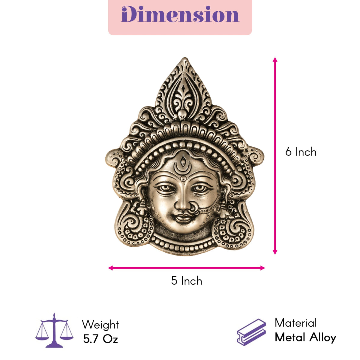 Silver-toned metal alloy durga face wall hanging with intricate headgear and jewelry for home decor and puja gifts