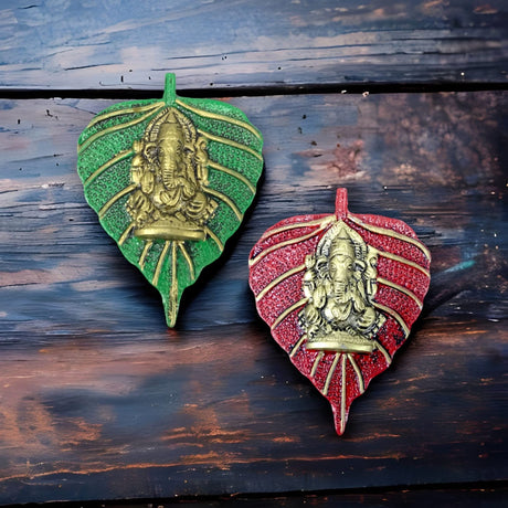 2 Pcs Metal Leaf Ganesha Diwali Decor Wall Hanging for Home and Office Housewarming Return Gift Pooja Favor Ganesha Decorative Wall Hanging Showpiece - LoveNspire