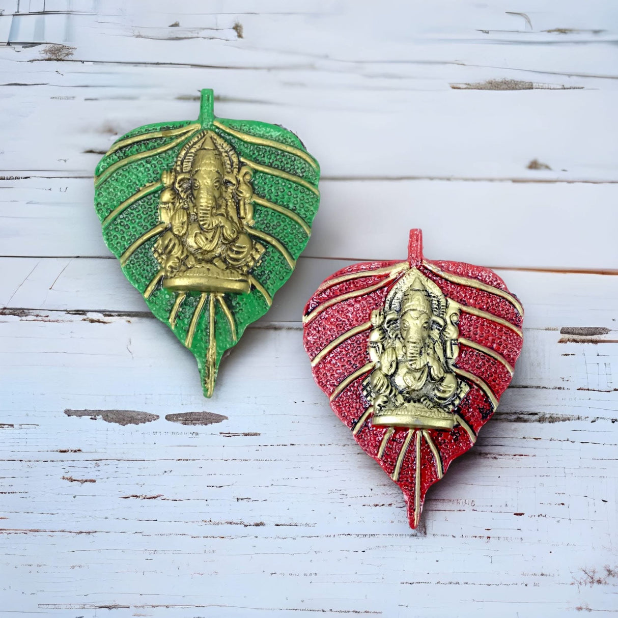 2 Pcs Metal Leaf Ganesha Diwali Decor Wall Hanging for Home and Office Housewarming Return Gift Pooja Favor Ganesha Decorative Wall Hanging Showpiece - LoveNspire