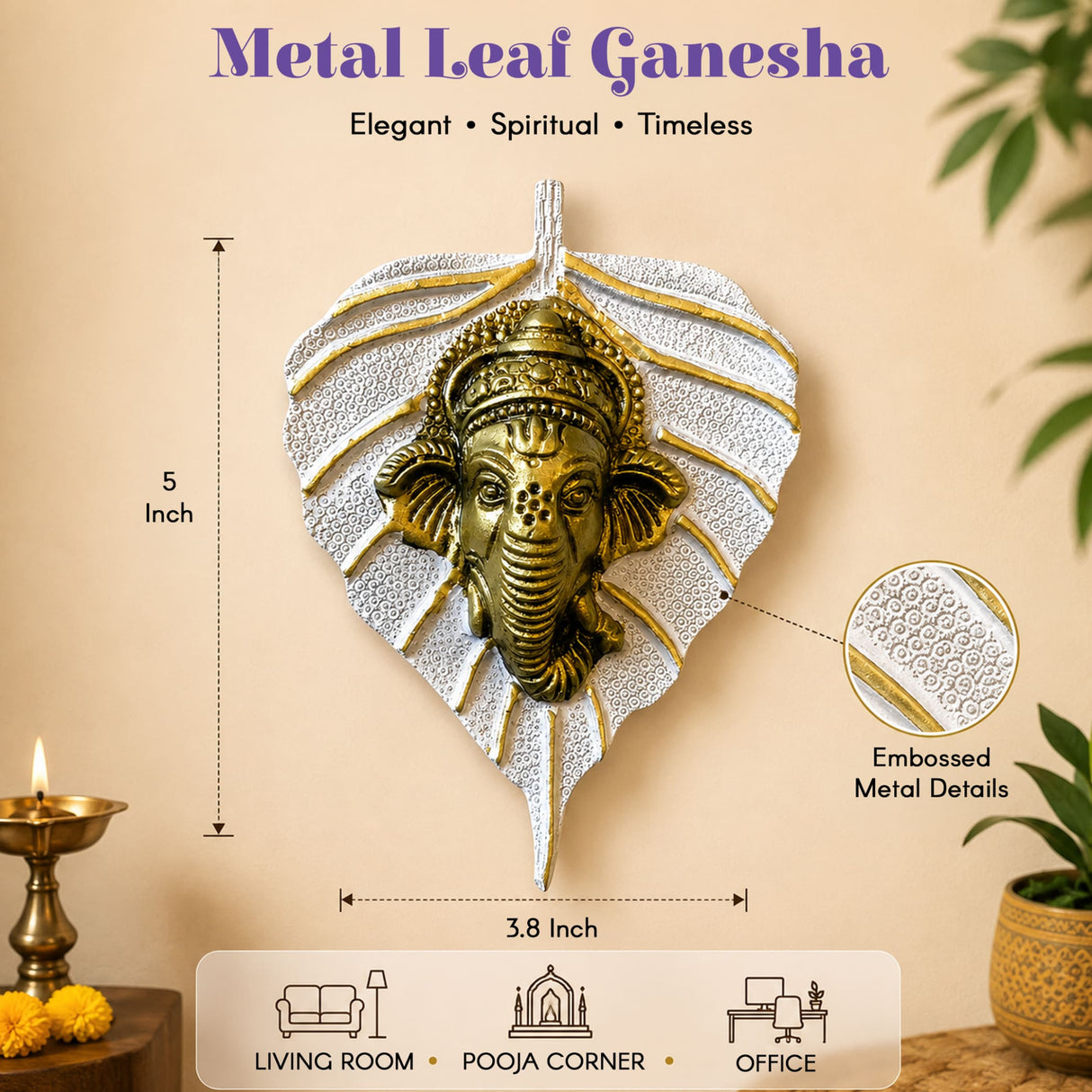 Metal leaf ganesha wall hanging decor with golden face and silver embossed metallic background for home and office
