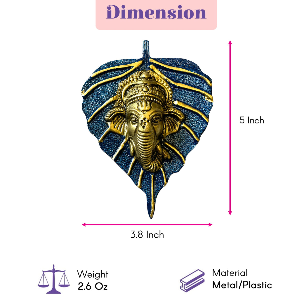 Golden metal ganesha figurine on textured blue leaf shaped background metal leaf ganesha wall hanging decor for home