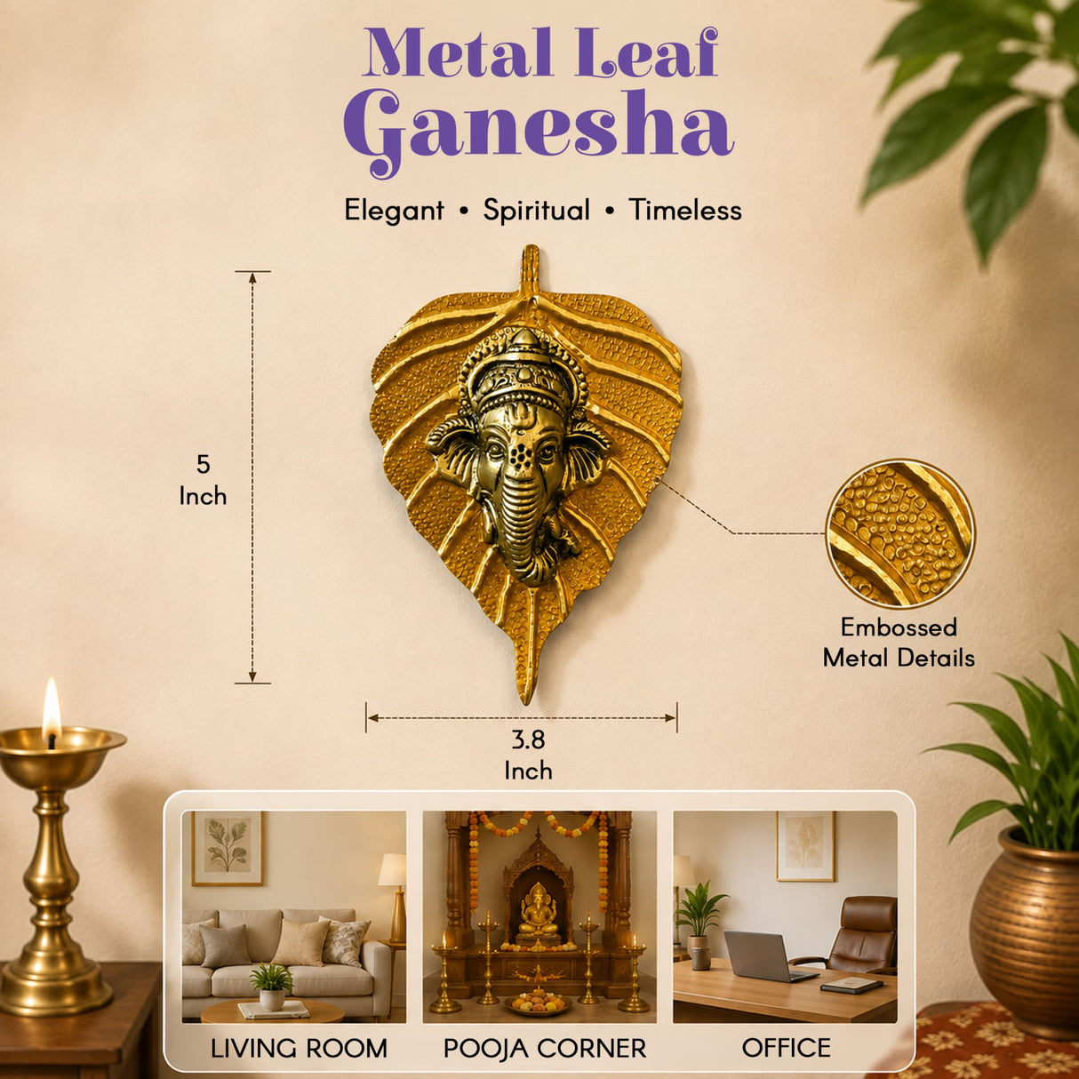 Golden metal leaf ganesha wall hanging decor with embossed details for home living room and office decoration