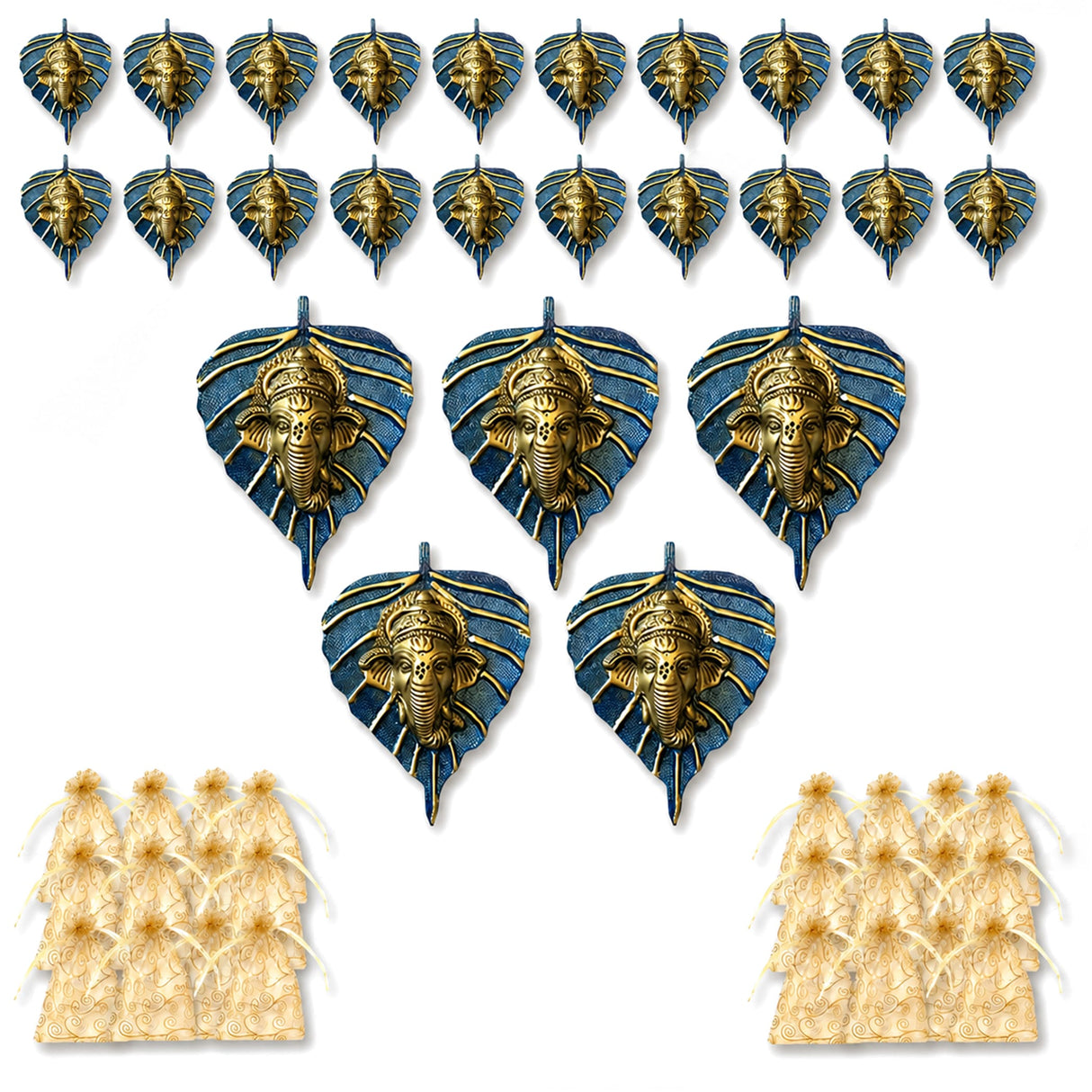 Metal leaf ganesha wall hanging decor in blue and gold metal with intricate detailing for home living room and office