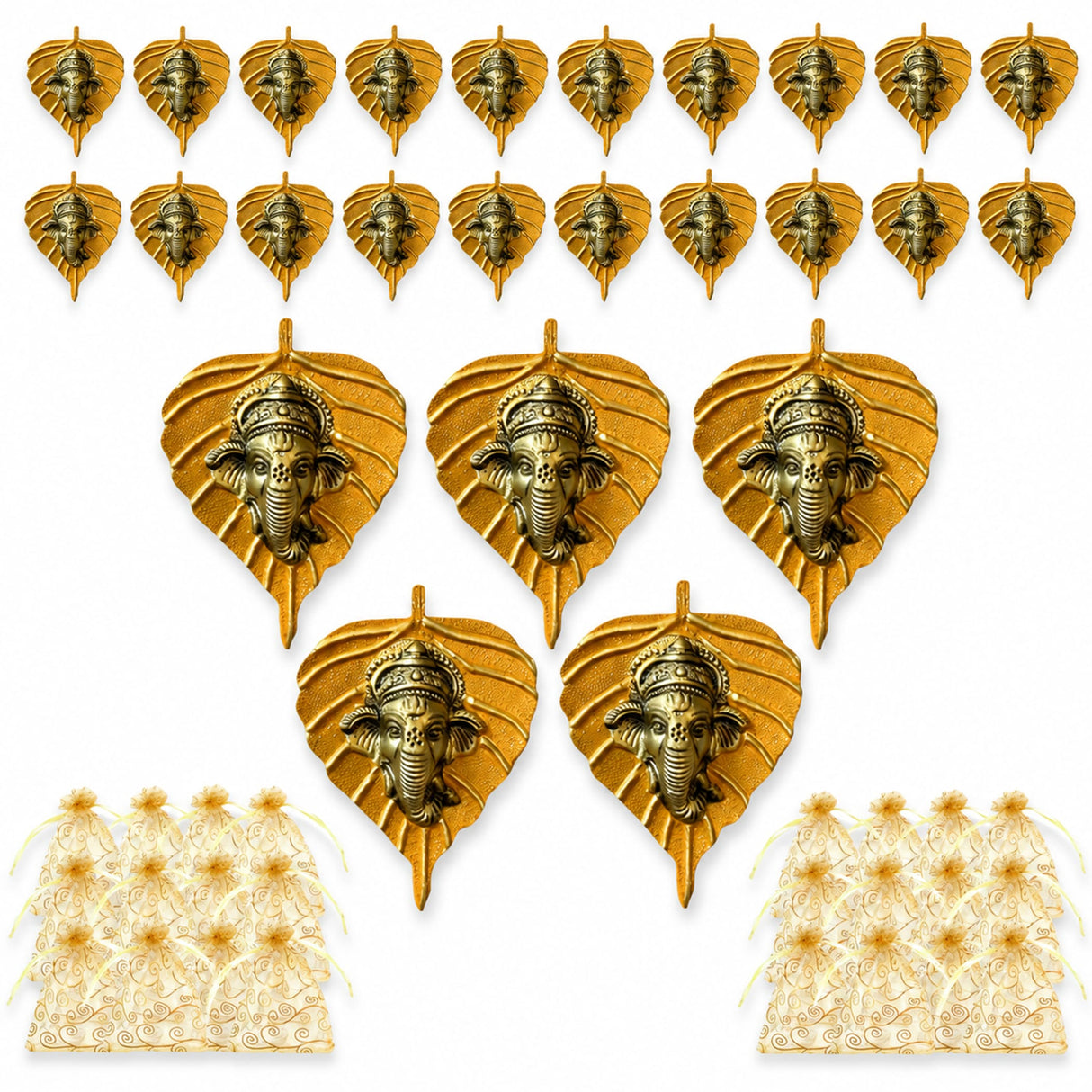 Golden metallic leaf ganesha wall hanging decor featuring detailed ganesha faces for home living room and office use