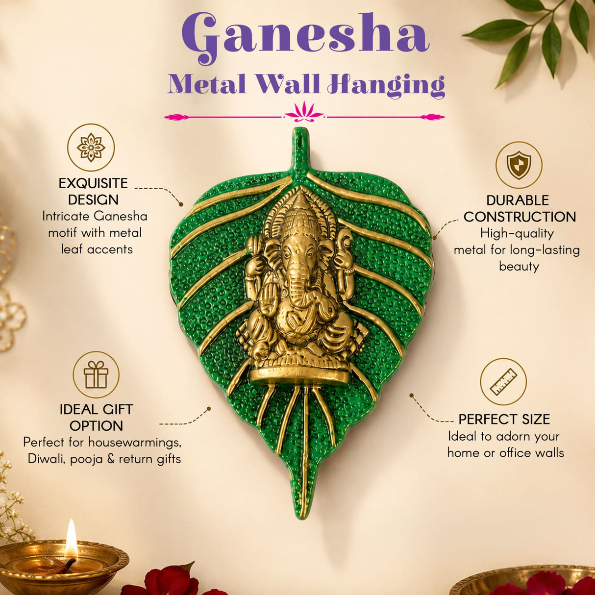 Green and gold metal leaf ganesha wall hanging featuring intricate ganesha motif for diwali decor and pooja favor