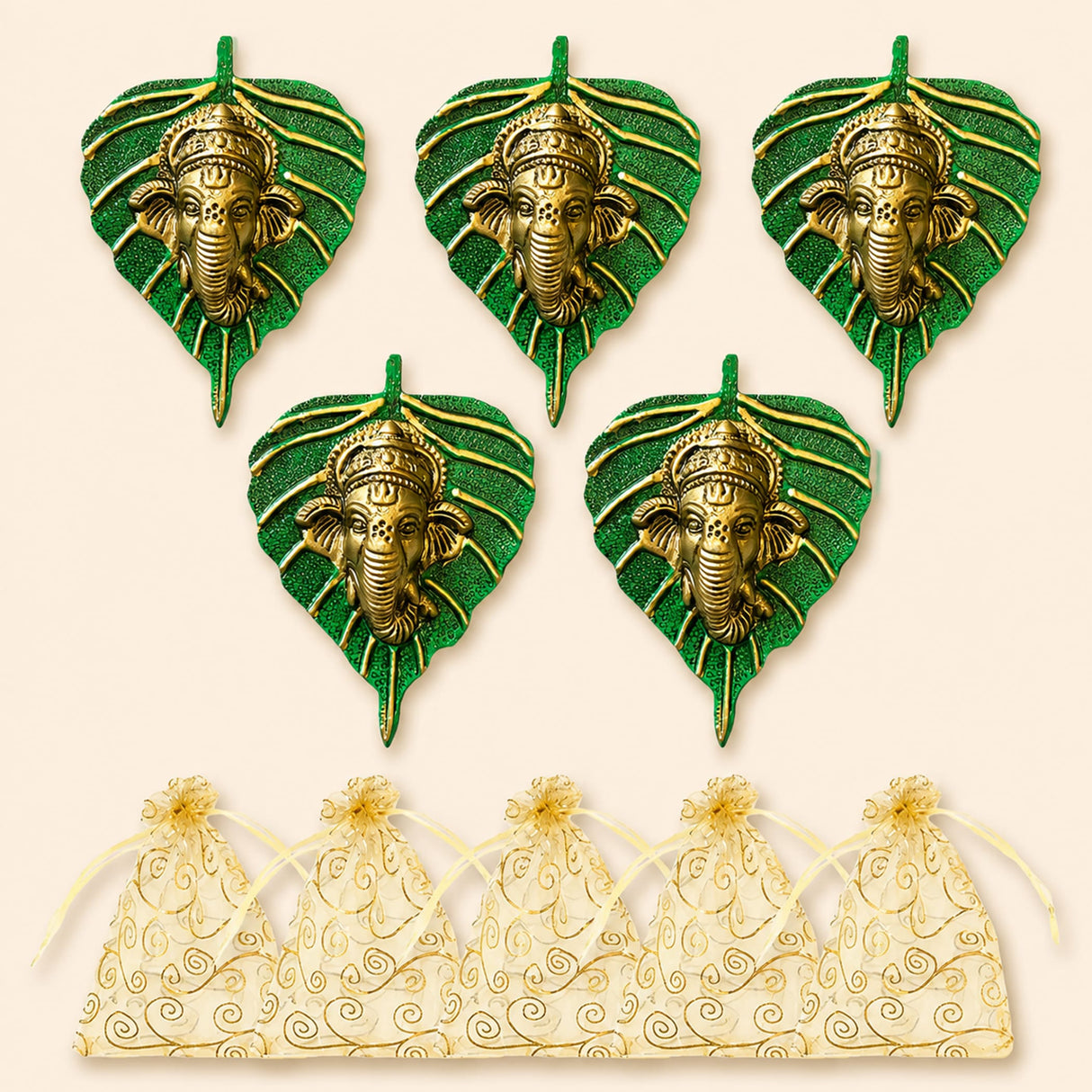 Five golden metal ganesha figurines in glittery green leaf frames decorative indian wall hanging for home and office decor