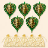 Five golden metal ganesha figurines in glittery green leaf frames decorative indian wall hanging for home and office decor