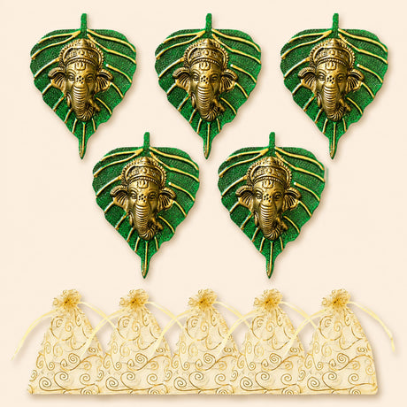 Five golden metal ganesha figurines in glittery green leaf frames decorative indian wall hanging for home and office decor