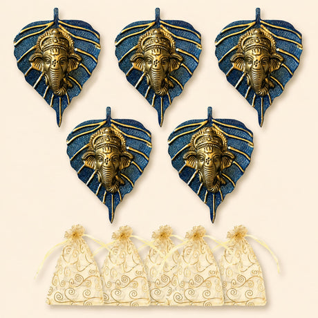 Metal leaf ganesha wall hanging decor featuring blue glittery leaves and golden ganesha figures for home and office use