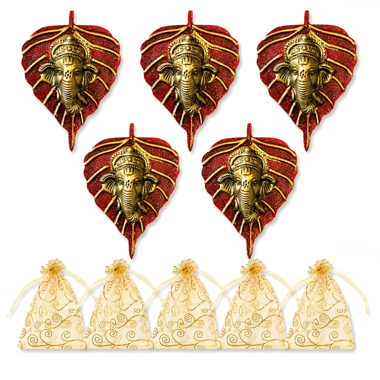 Metal leaf ganesha wall hanging decor featuring red and gold leaf-shaped metal ornaments with detailed ganesha faces