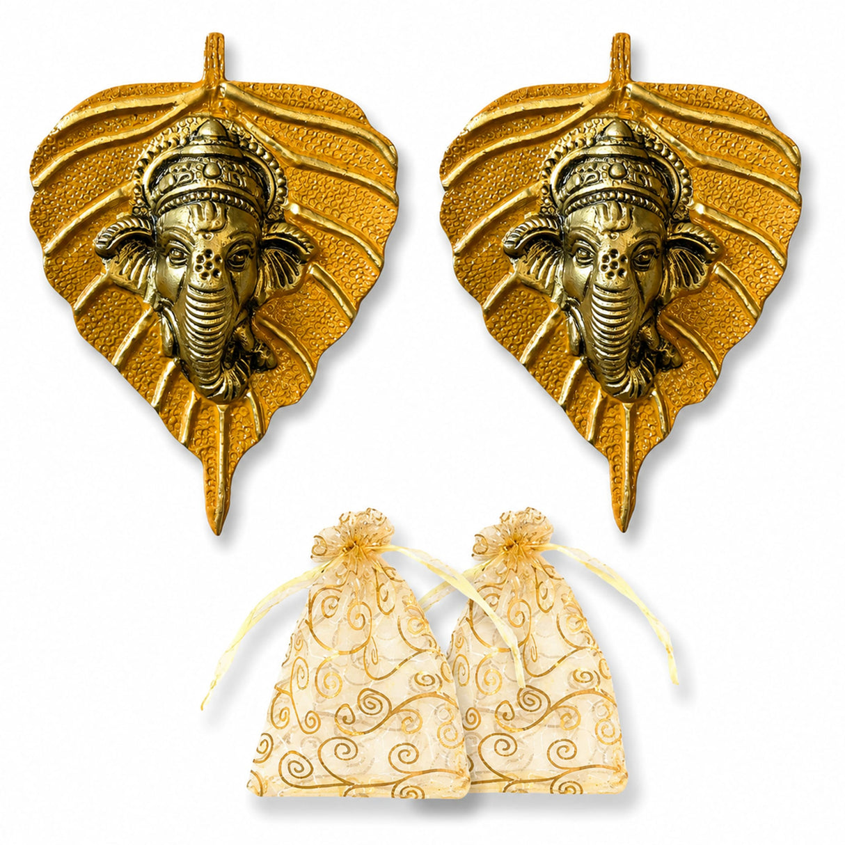 Golden metal leaf-shaped ganesha wall hanging decor featuring detailed faces for home living room office use