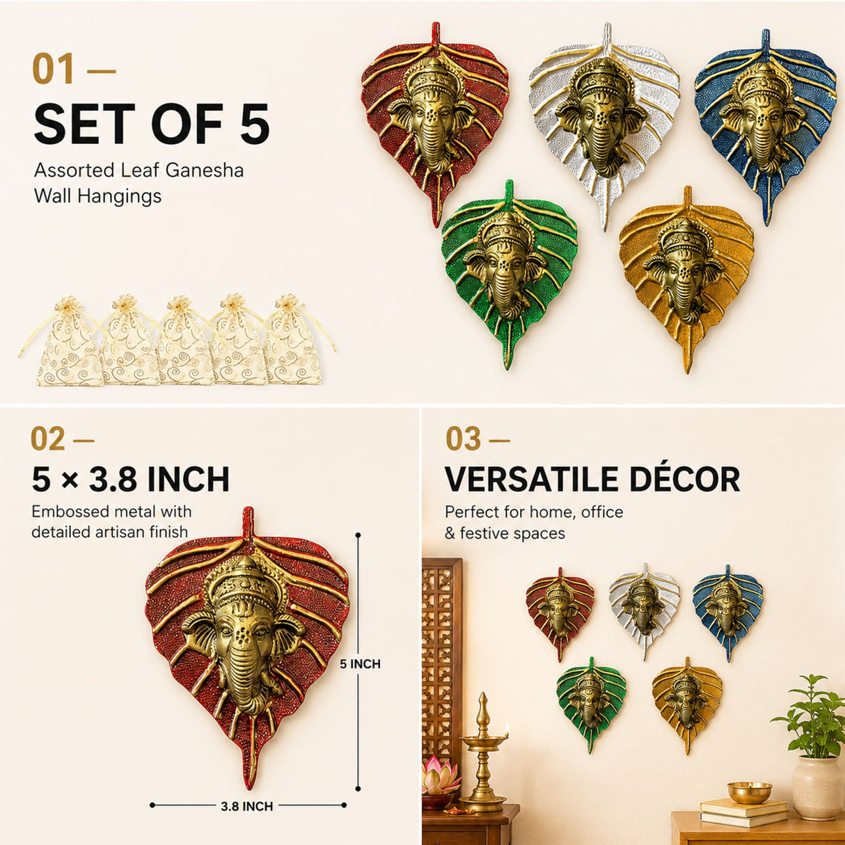 Set of five assorted leaf-shaped metal ganesha wall hangings in red silver blue green and gold with embossed detailing for decor