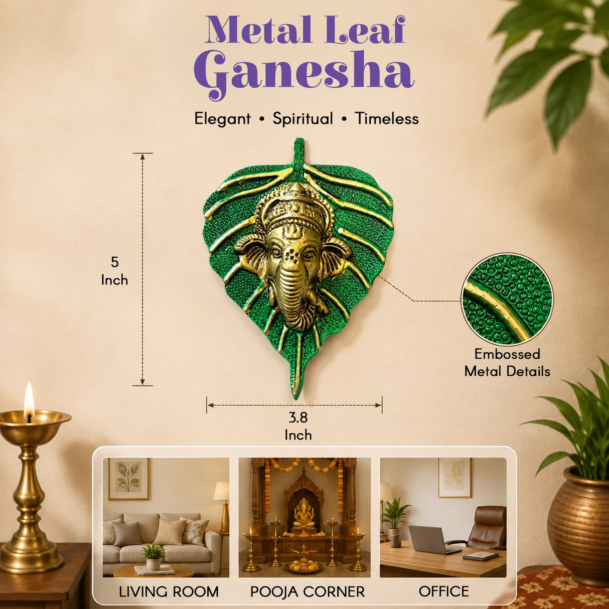 Green and gold metal leaf shaped ganesha wall hanging decor made of metal for home living room and office display
