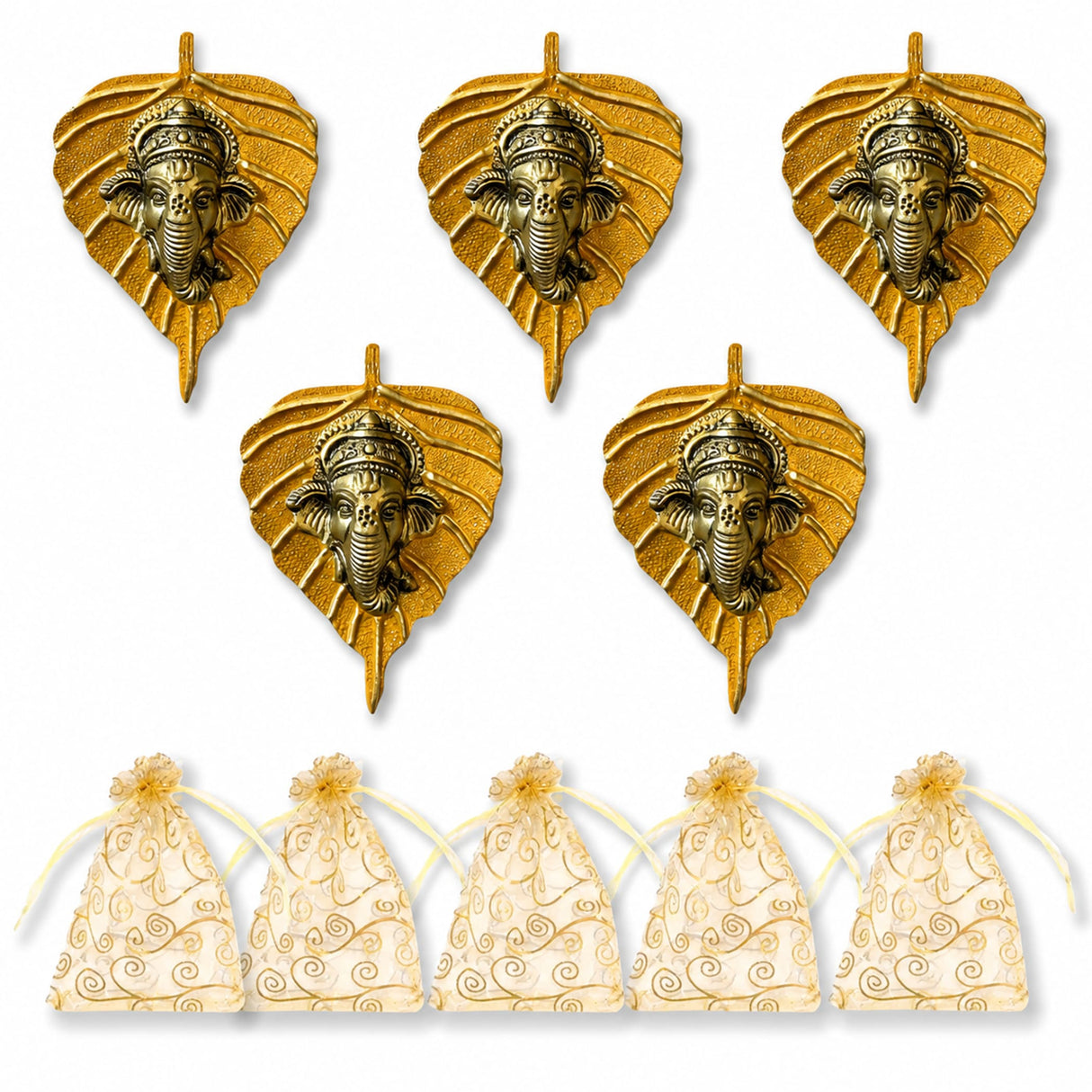 Metal leaf ganesha wall hanging decor featuring golden leaf-shaped ornaments with detailed metallic ganesha faces and engravings