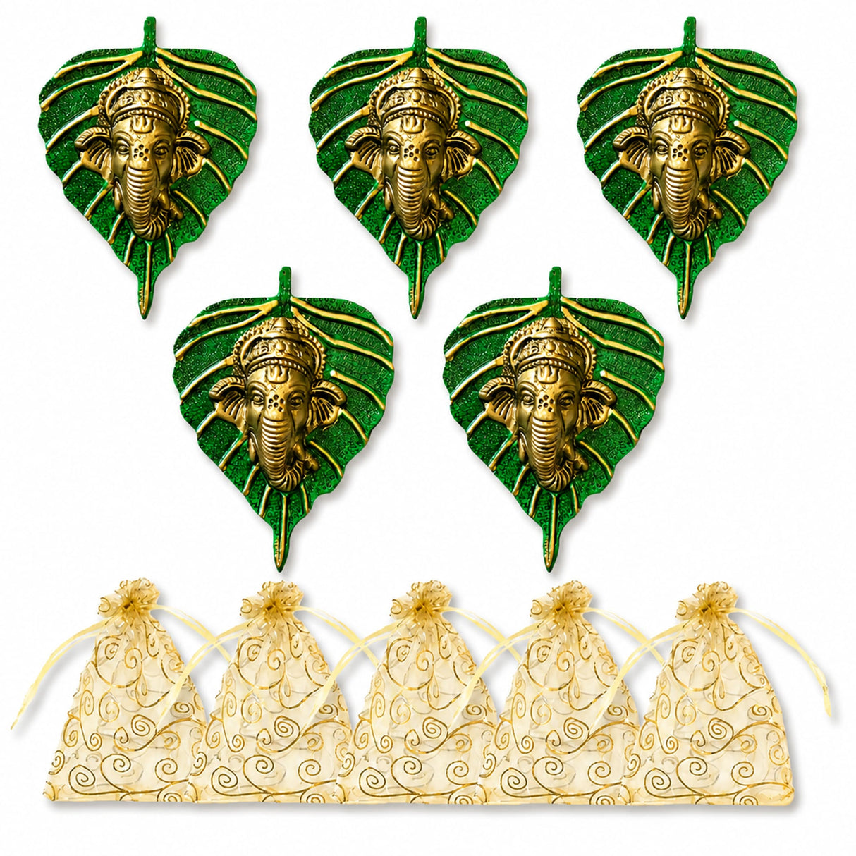 Metal leaf ganesha wall hanging decor featuring green leaf shapes with golden detailed ganesha faces for home and office use