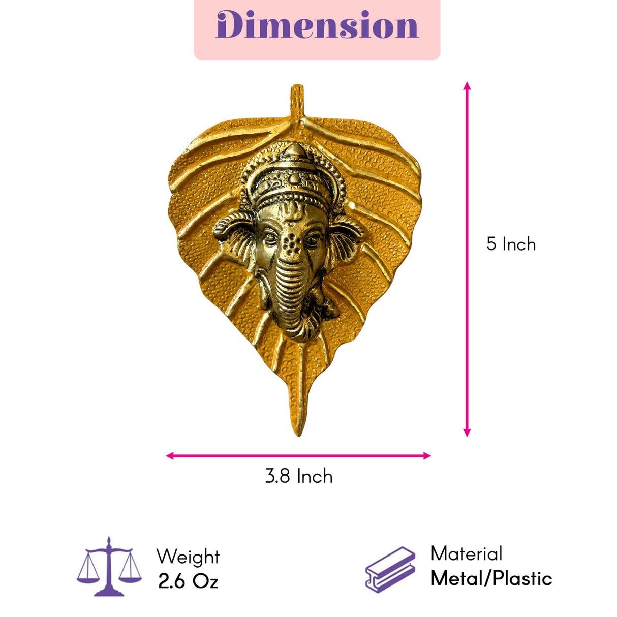 Metal leaf ganesha wall hanging decor with intricate golden ganesha head in metallic finish for home and office use
