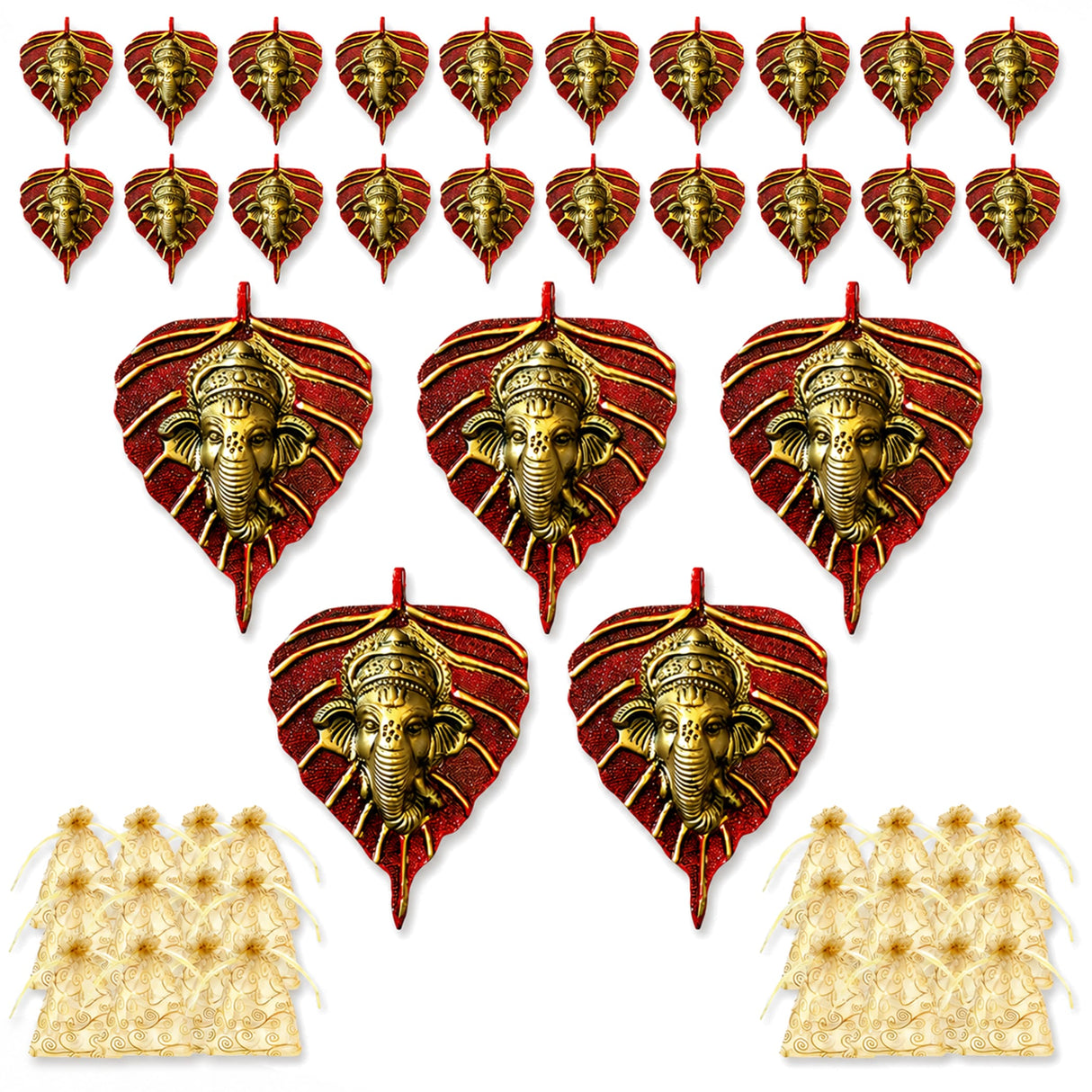Red and gold leaf-shaped metal ganesha wall hanging with intricate detailing for home living room and office decor