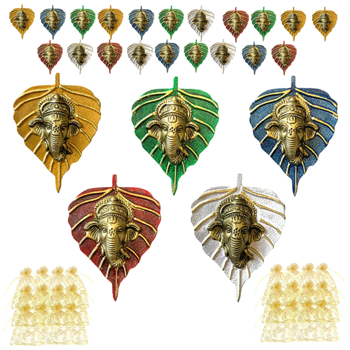 Metal leaf ganesha wall hanging decor featuring gold green blue red and silver metallic leaf ornaments for home and office use