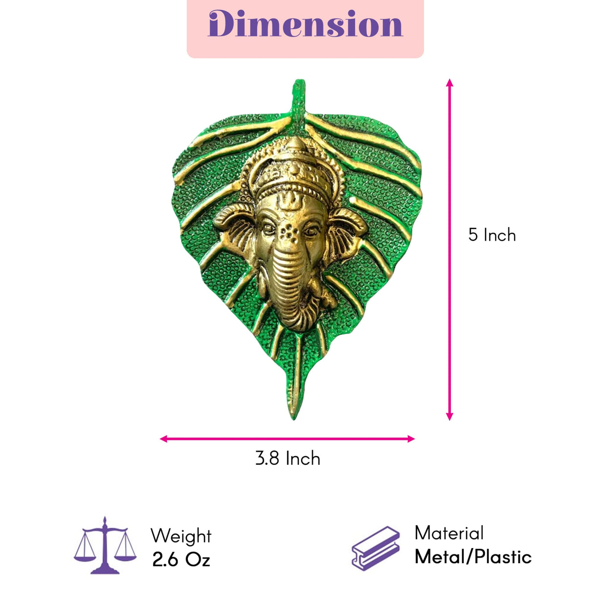 Golden ganesha metal wall hanging decor intricately carved within textured green leaf frame for home and office use