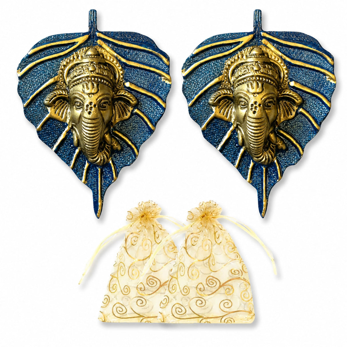 Metal leaf ganesha wall hanging decor featuring blue bodhi leaf shaped golden figurines with intricate gold detailing