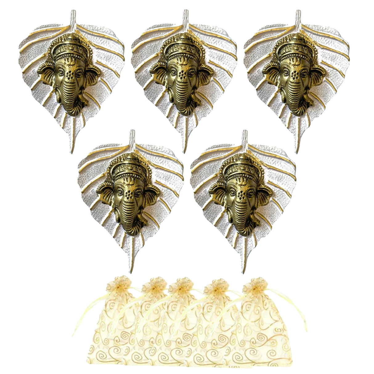Five golden ganesha head ornaments set in silver leaf-shaped metal frames for indian wall hanging decor