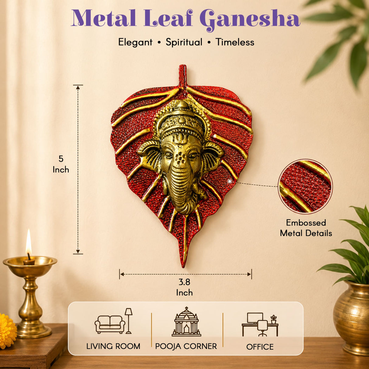 Red and gold metal leaf shaped ganesha wall hanging decor for home living room office and festive decorations