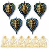 Metal leaf ganesha wall hanging decor featuring golden leaf-shaped figurines with blue glittery background for home and office