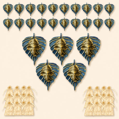 Metal leaf ganesha wall hanging decor featuring blue leaf shapes with golden ganesha faces for home and office use