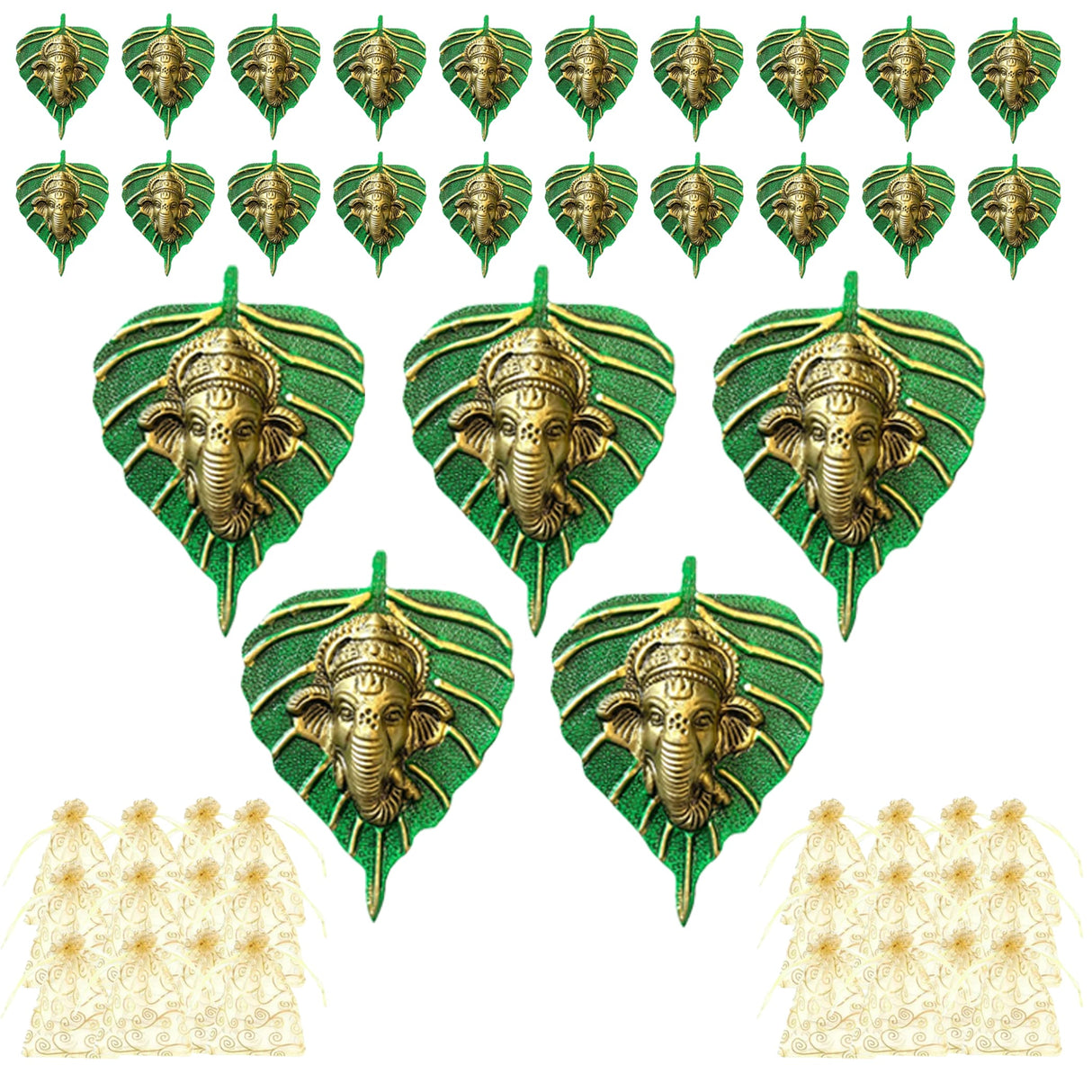 Green metal leaf-shaped wall hanging decor featuring golden ganesha head design for home living room and office use
