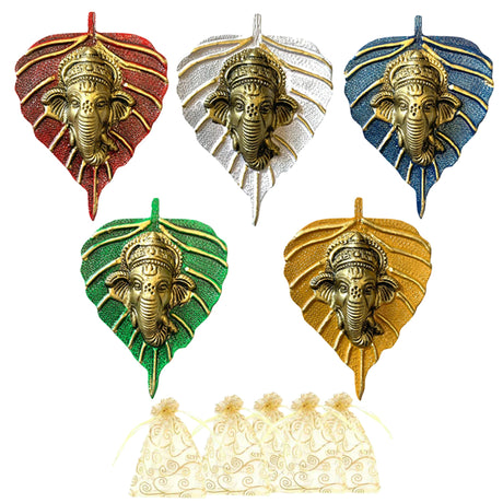 Five metal ganesha leaf-shaped wall hangings in red silver blue green and gold for home and office decor
