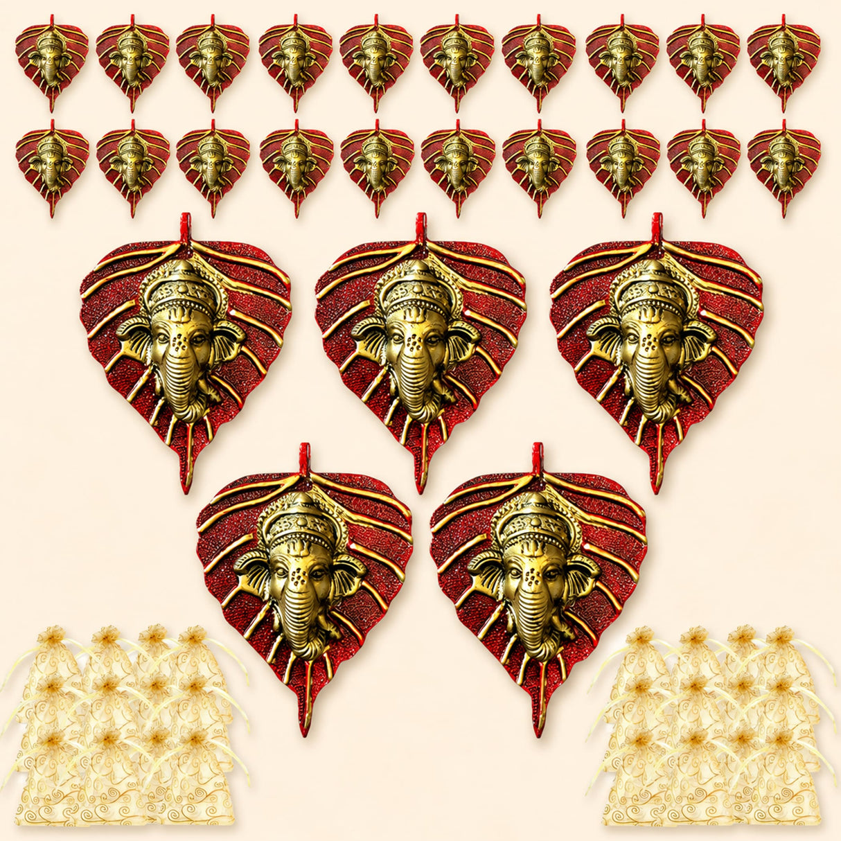 Metal leaf ganesha wall hanging decor featuring red and gold leaf-shaped ornaments with intricate detailing for home use