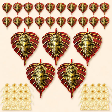 Metal leaf ganesha wall hanging decor featuring red and gold leaf-shaped ornaments with intricate detailing for home use