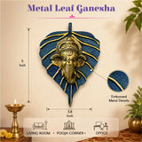 Blue and gold metal leaf shaped ganesha wall hanging decor for home living room office diwali and housewarming gifts