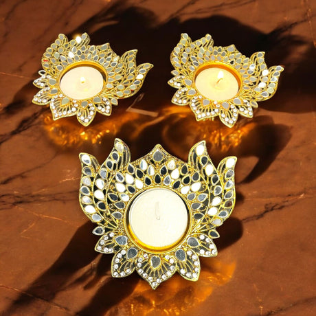 Metal Lotus Candle Holder – Decorative T-Light Holder with Glass Accents, Diwali Diya for Puja, Kuthu Vilakku, Home Temple Decor, Deepawali Decoration, Lantern, Housewarming Return Gift - LoveNspire